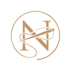 Initial Letter N Tailor Logo, Needle and Thread Logotype for Garment, Embroider, Textile, Fashion, Cloth, Fabric Sign