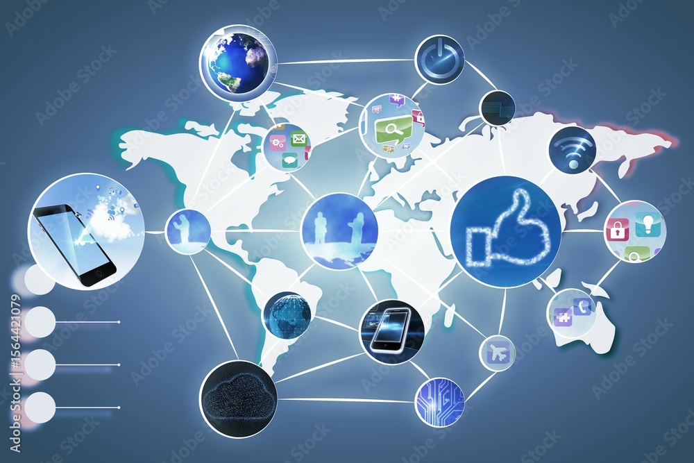 Poster tech nodes with thumbs-up, smartphone, lock are connecting across digital world map in flat design