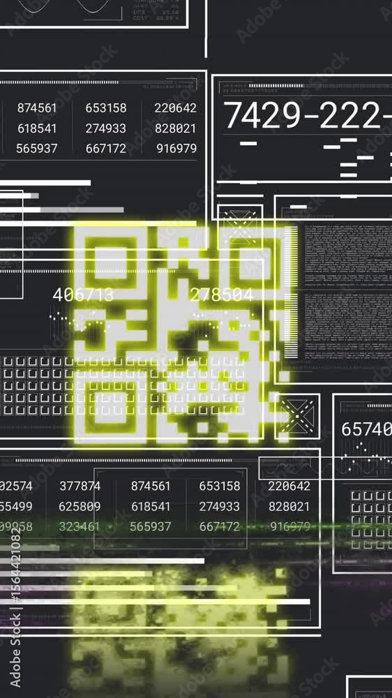 Poster animation of qr code between lines, multiple numbers in squares and circles, graphs