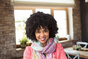 Portrait of curly hair woman at cafe