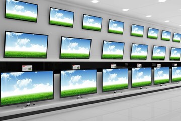 Flat-screen TVs with price tags are displaying green meadow and blue sky in flat design showroom