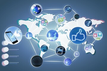 Tech nodes with thumbs-up, smartphone, lock are connecting across digital world map in flat design
