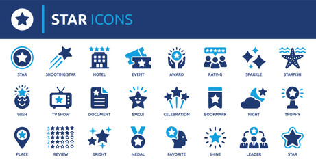 Star icon set. Containing sparkle, favorite, shine, award, starfish, hotel, event, review, shooting star, bright, celebration and more. Solid vector icons collection. © Icons-Studio