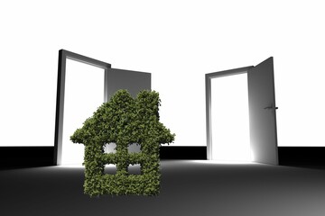 Topiary house amidst doors on floor