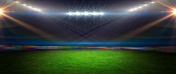 Empty grass pitch is being lit by open-air stadium floodlights in flat design with colorful banners