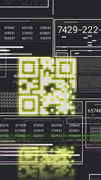 Animation of qr code between lines, multiple numbers in squares and circles, graphs