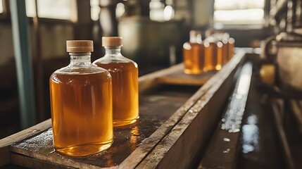 Distillery showcasing bottles of amber liquid on a vintage production line for spirits, alcohol, or possibly medicine