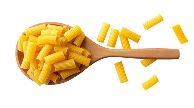 Raw Pasta in a Wooden Spoon isolated on transparent white background, clipping path