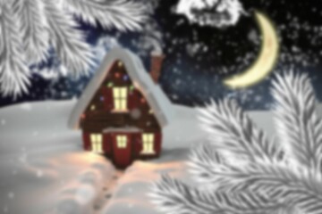 Wooden cabin is standing in snowy woods at night with glowing windows, colored lights, red door