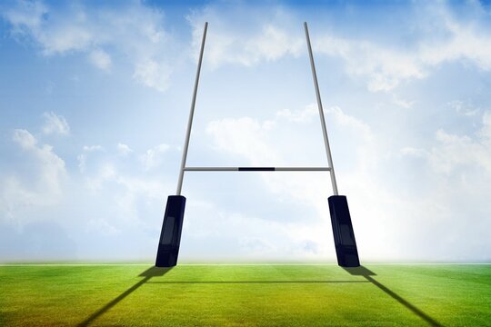 Fototapeta Flat design rugby goal post is standing on pitch with crossbar, black pads under cloudy sky