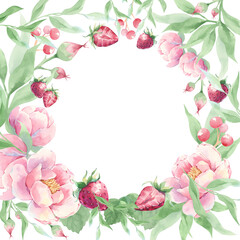 Square frame with pink flowers and strawberries watercolor. Clipart