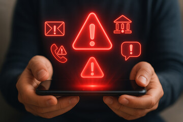 A hand holding a smartphone displaying multiple red holographic alert and warning symbols for digital threats