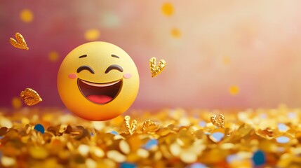 Cheerful emoticon smiles amidst golden confetti, exuding happiness, positive emotions, and a celebratory mood for parties and social events.