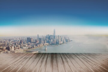 Flat design skyline is rising from wooden deck planks over river with central tower and piers