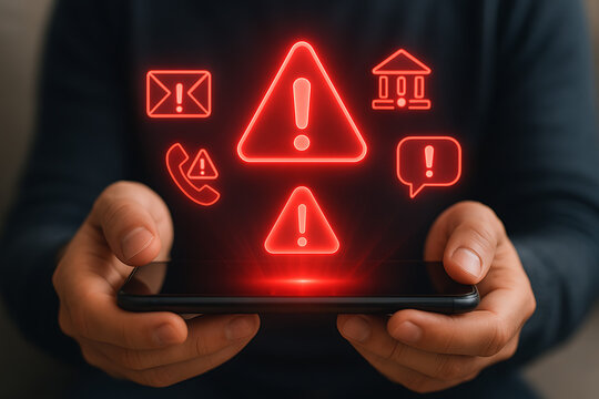 A hand holding a smartphone displaying multiple red holographic alert and warning symbols for digital threats - Powered by Adobe