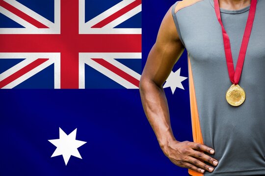 Naklejki Midsection of medalist against Australian Flag