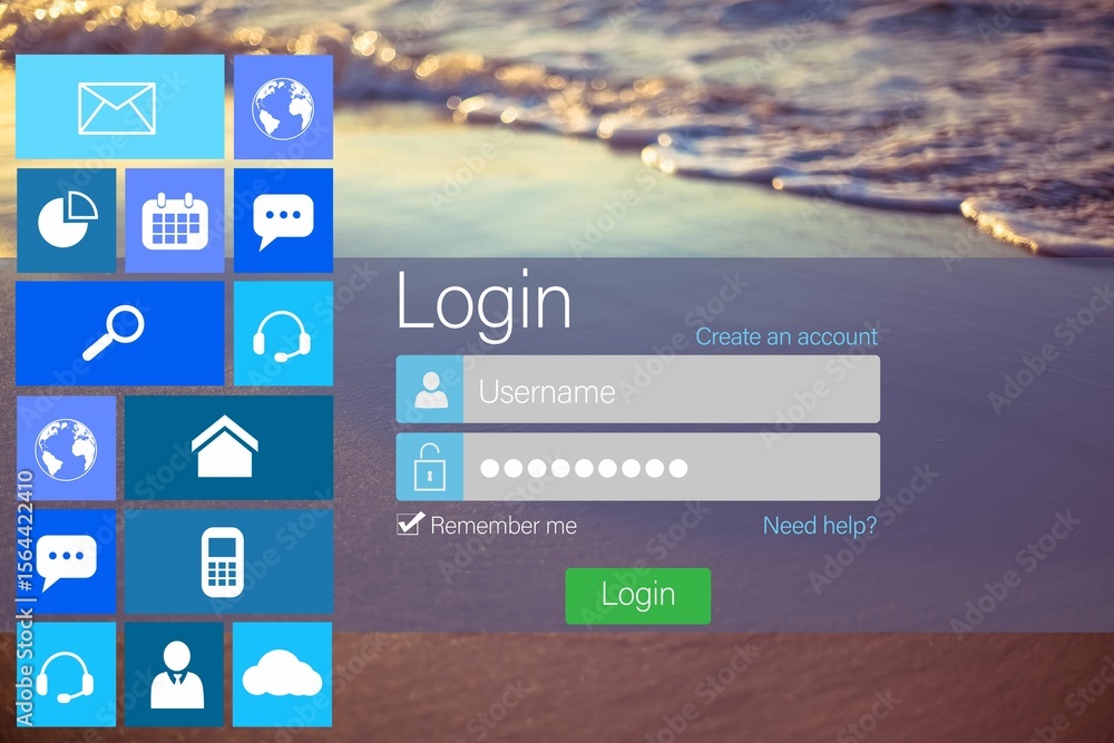 Poster digitally composite image of various computer icons with login page