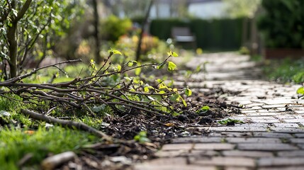 Serene garden path with fresh green growth along a brick walkway during springtime, a peaceful outdoor scene.