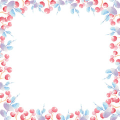 Square frame of red berries and eucalyptus in watercolor. Clipart