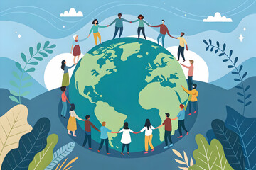 Global Unity: Diverse people holding hands around the earth, symbolizing unity, harmony, and global cooperation.
