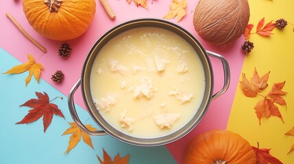 Fall inspired pumpkin soup in a pot surrounded by autumn leaves, pumpkins, coconut, and pine cones, perfect for autumn holidays.