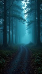Naklejka premium Misty Forest Path A Mysterious and Eerie Winding Trail Disappearing into the Fog at Daybreak, Perfect for Halloween or Fantasy Themes