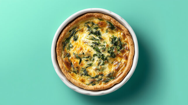 Spinach and cheese quiche in white dish