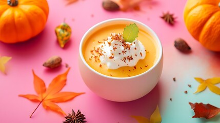 Creamy pumpkin dessert delight served in a white bowl, autumnal leaves, pumpkins, and spices on colorful pink and blue backdrop.