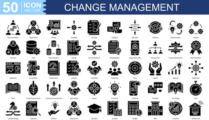 Change Management icon collection set. Containing Communications, Stakeholders, training, Flexibility, Planning icon.