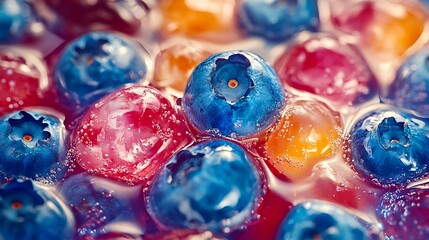 Vibrant close up presents a cluster of fresh blueberries and colorful candies, a sweet confection combination