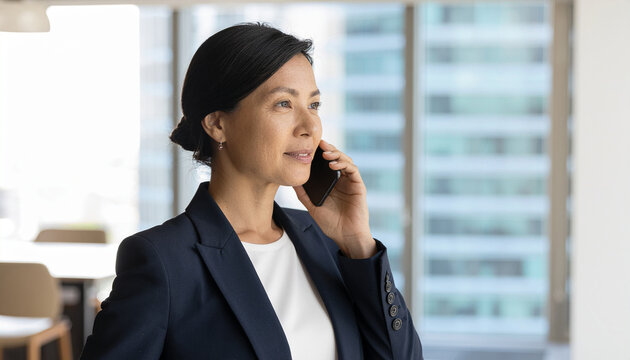 A professional person holding a smartphone and talking to customers in a modern office.