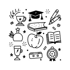 Doodle style education elements including books and graduation cap art