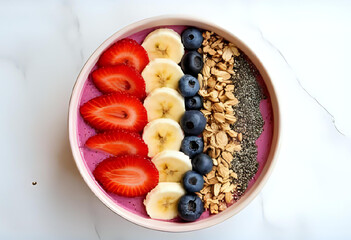 Top view of a smoothie bowl topped with fresh strawberries, blueberries, bananas, chia seeds, and granola. Bright and colorful, served in a ceramic bowl on a white table.