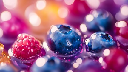 Refreshing close up of juicy blueberries and raspberries in vibrant colors, a delightful summer treat with a burst of fresh flavors.