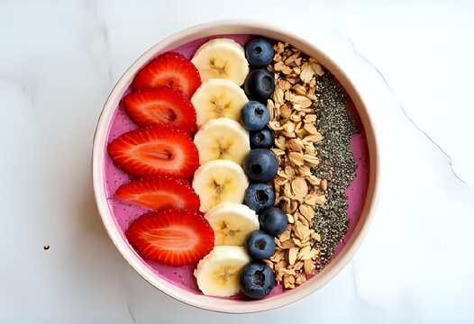 Top view of a smoothie bowl topped with fresh strawberries, blueberries, bananas, chia seeds, and granola. Bright and colorful, served in a ceramic bowl on a white table.