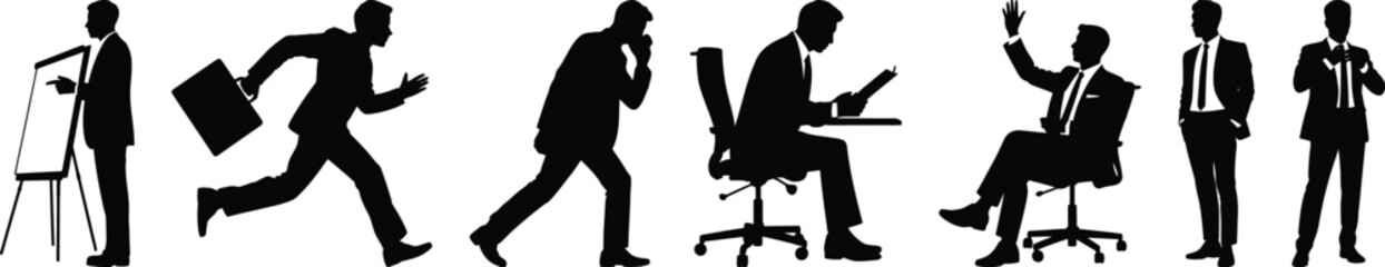 Businessman silhouettes working at desk with laptop vector