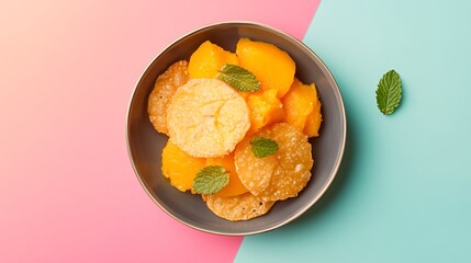 A vibrant bowl of mango and puri dessert, topped with fresh mint leaves, on a colorful pink and turquoise background