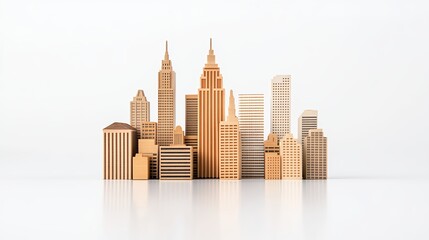 Wooden City Skyline Model on White Background