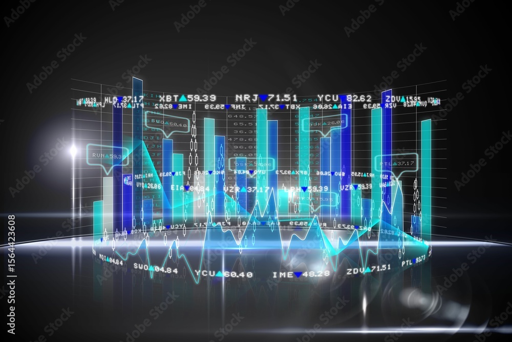 Poster 3d holographic financial display is floating over reflective platform with bar charts, line graphs
