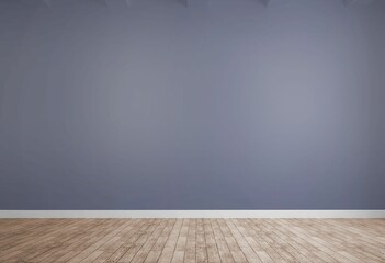 Flat design scene showing smooth muted blue wall with white baseboard, light wood floor, copy space