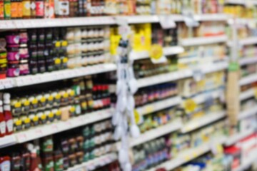 Defocused image of food in rack at store