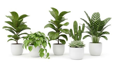 Various Green Indoor Plants in White Pots on White Background