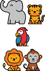 
Charming Cartoon Jungle Animals: Adorable Elephant, Tiger, Parrot, Lion, and Monkey vector 