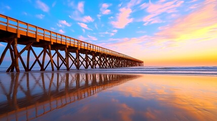Wooden Pier At Sunrise Reflecting On Calm Beach Water