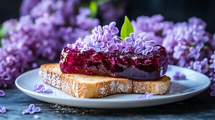 Delicious toast with purple plum jam adorned with delicate lilac blossoms for a delightful treat