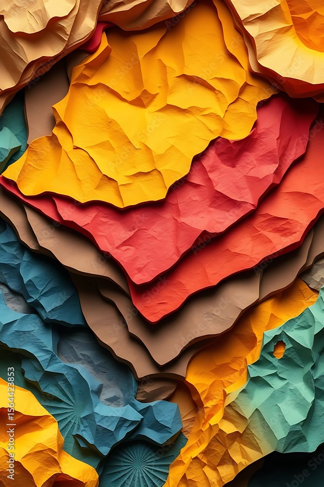 Poster dynamic textured layers in warm and cool tones create depth and movement