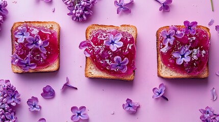 Elegant toast with sweet lilac jam and delicate flowers on a pretty pink surface showcases a charming snack