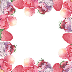 Ice cream square frame watercolor. Red. Clipart.