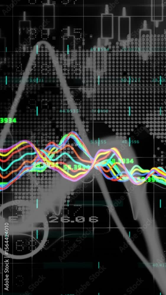 Poster animation of multicolored graphs, blockchains and numbers against abstract background
