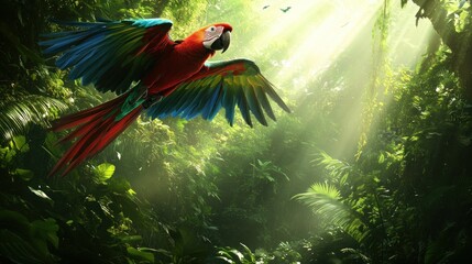 Parrot soaring through lush jungle forest